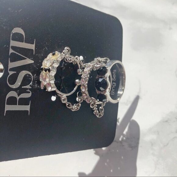 2/$20 Silver Black Rhinestone Diamante Diamond Stone Jewel Gem 3 Ring Set - Picture 4 of 4